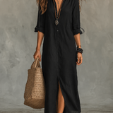 Robe longue bohème noire boutonnée sur le devant