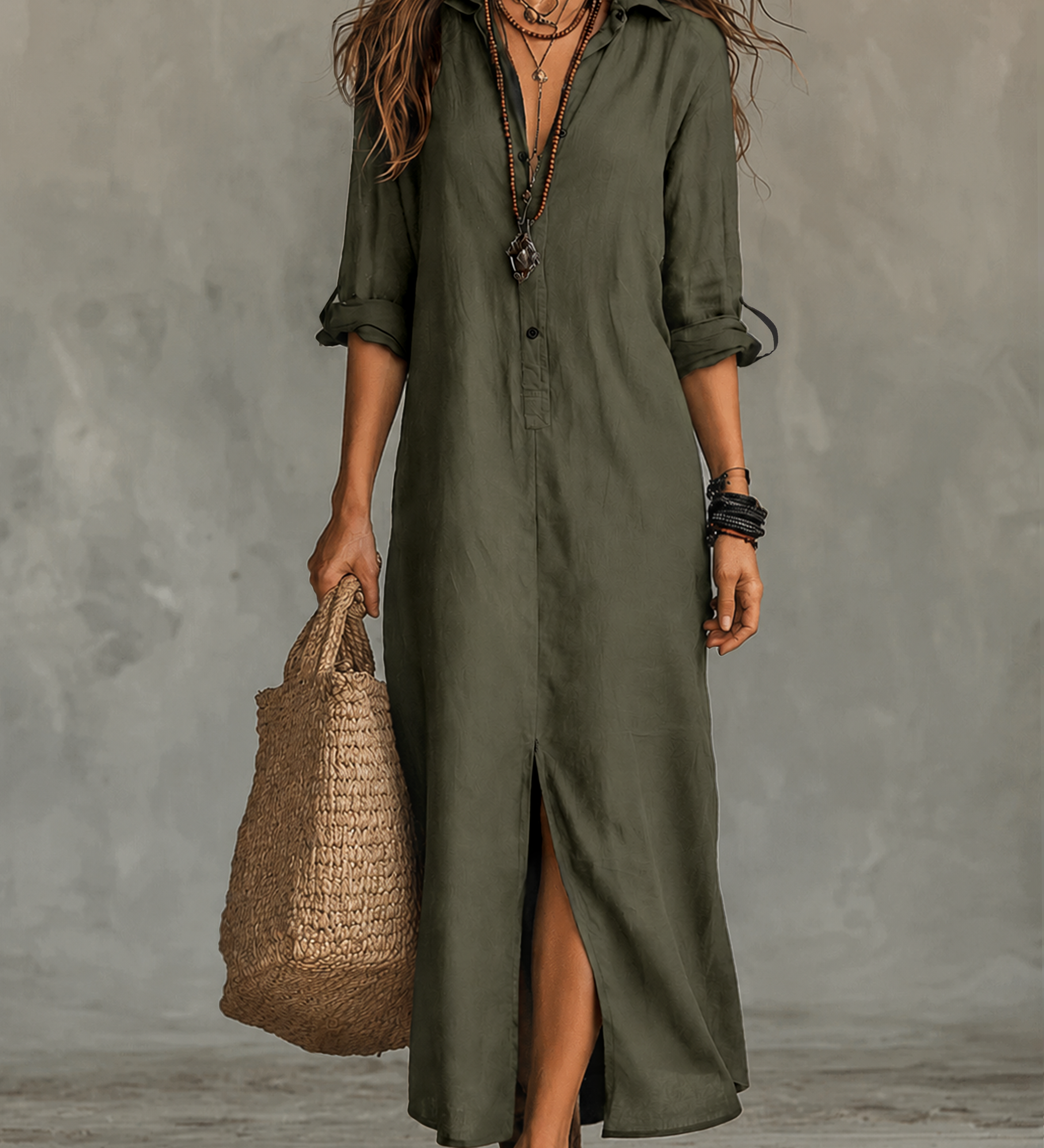 Robe longue bohème noire boutonnée sur le devant