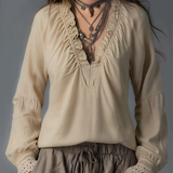 Blouse en coton et lin à col plissé volanté facile à porter